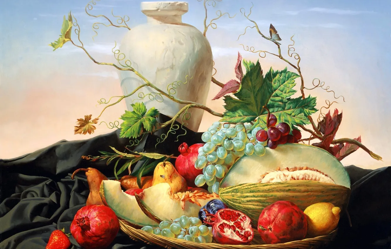 Photo wallpaper grapes, vase, pear, fruit, still life, painting, garnet, melon