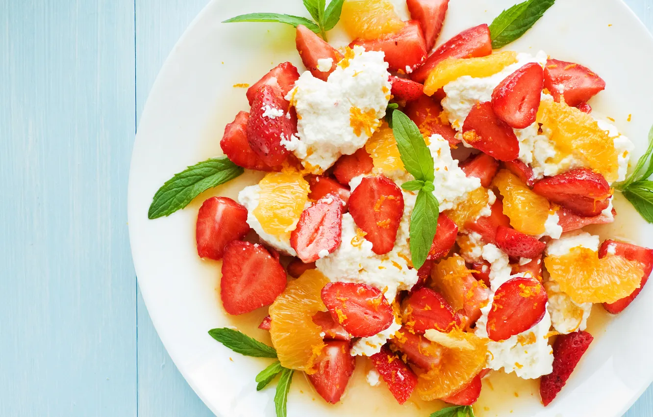 Photo wallpaper berries, strawberry, plate, fruit, fresh, mint, dessert, fruits