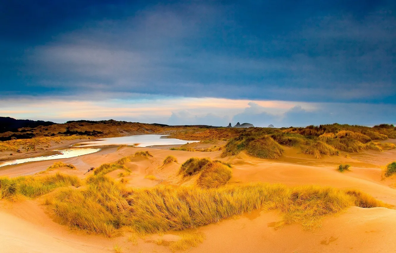 Photo wallpaper sand, summer, the sky, grass, water, mountains, nature, photo