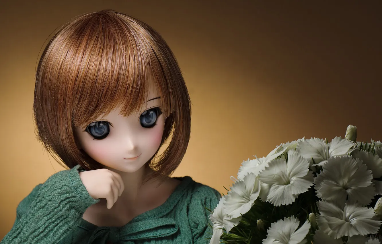 Photo wallpaper flowers, toy, doll, brunette, white, Kare, brown background