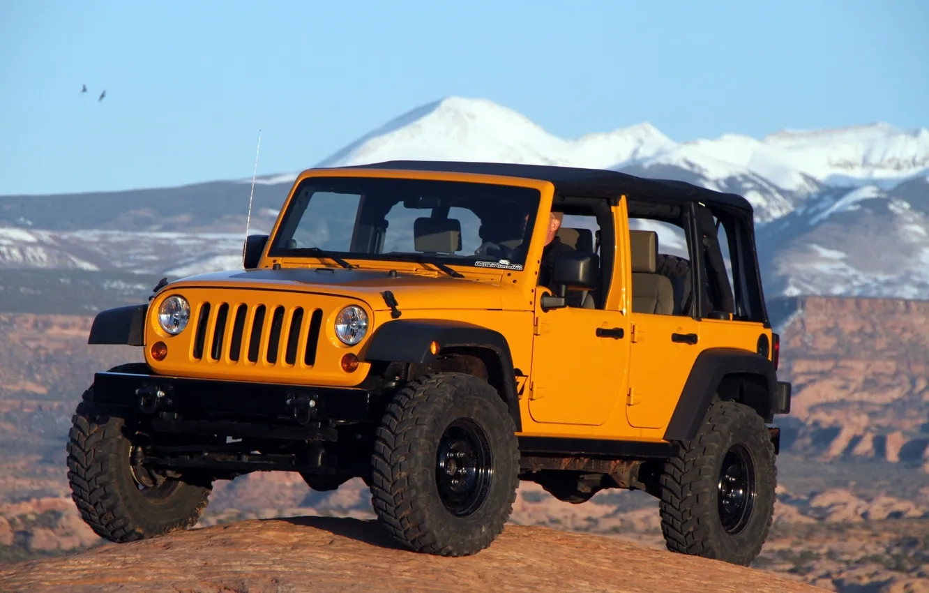 Photo wallpaper the sky, mountains, yellow, tuning, jeep, SUV, tuning, the front