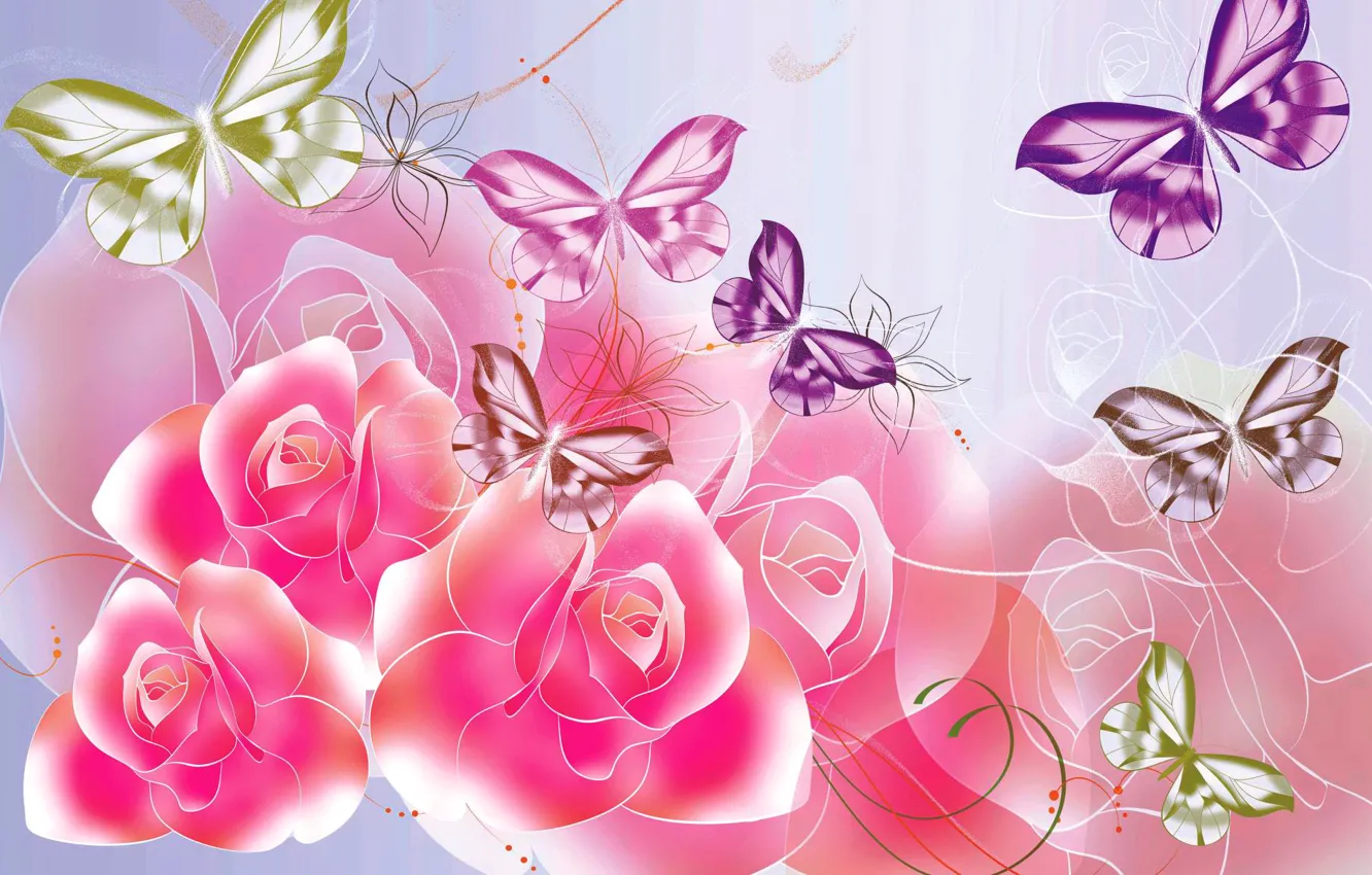 Photo wallpaper butterfly, flowers, roses, vector