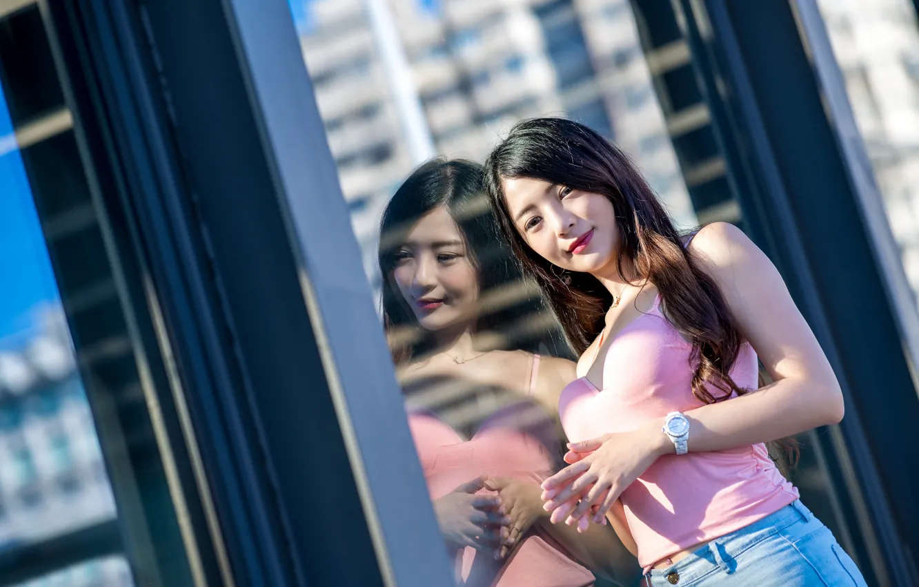 Photo wallpaper girl, smile, reflection, Asian, cutie