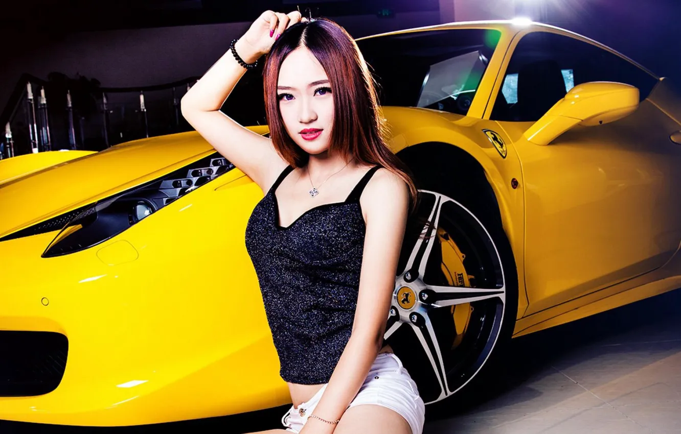 Photo wallpaper look, girl, Girls, hairstyle, Ferrari, Asian, yellow car