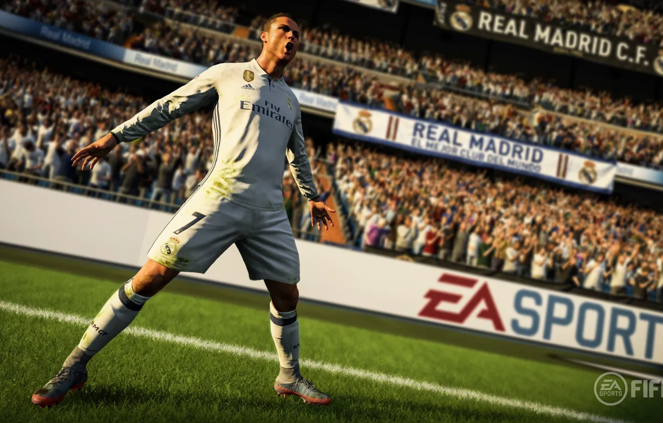 Photo wallpaper logo, Cristiano Ronaldo, game, Adidas, stadium, soccer, Real Madrid, Electronic Arts