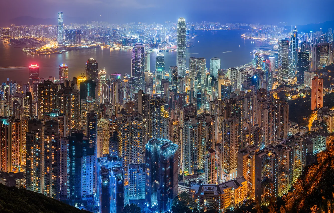 Photo wallpaper night, the city, lights, the evening, China, Hong Kong