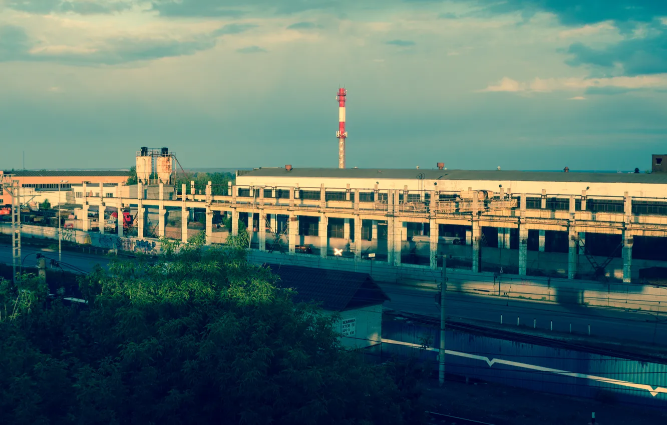 Photo wallpaper road, the sky, clouds, trees, the city, building, Russia, architecture