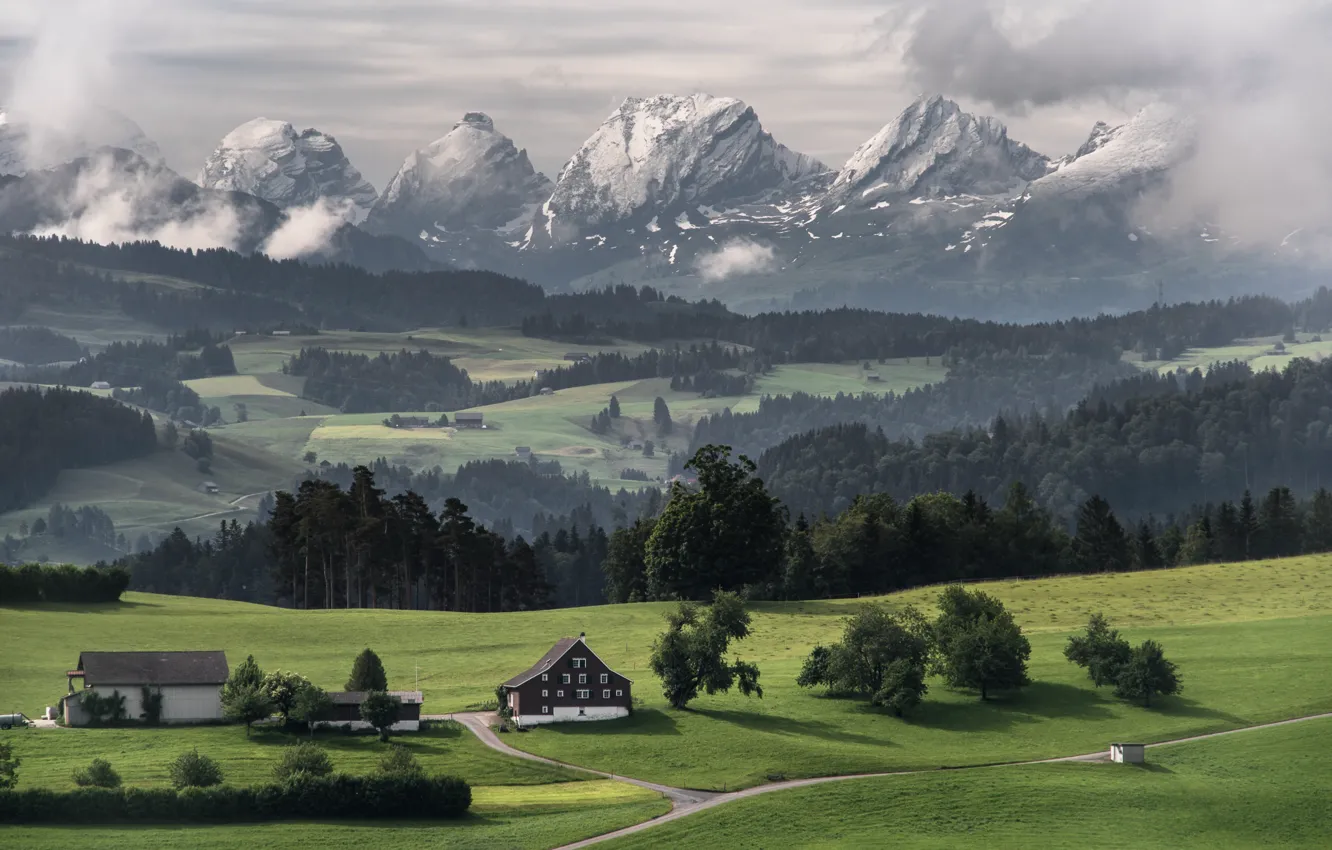 Photo wallpaper mountains, home, valley