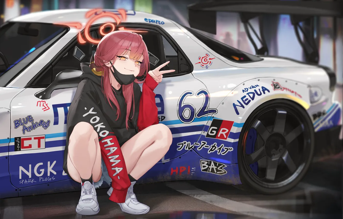 Photo wallpaper long hair, legs, redhead, smiling, socks, squatting, bent legs, looking at viewer