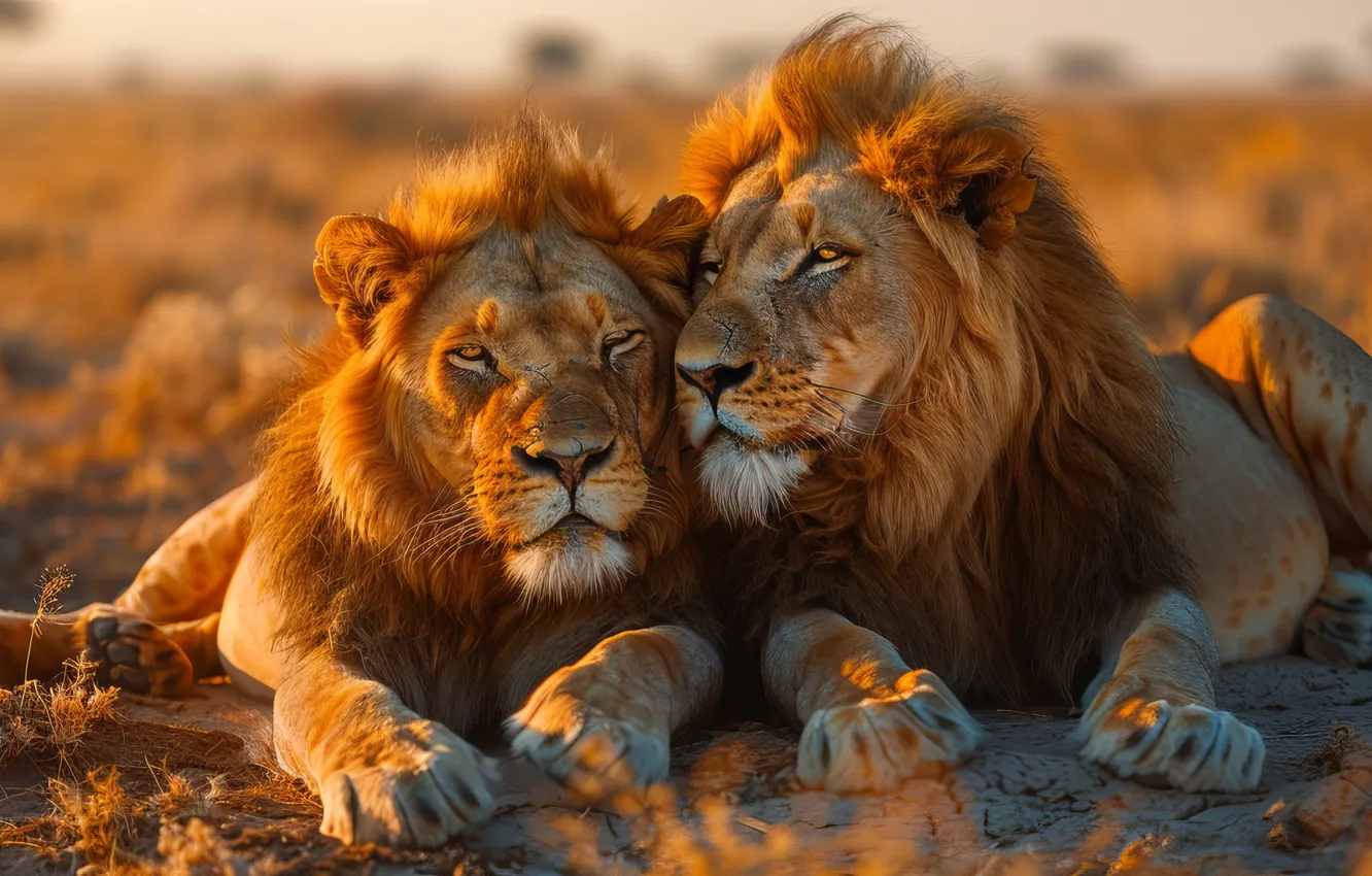 Photo wallpaper predator, Leo, two, big cats, digital art, AI art, The Art of Artificial Intelligence, neural …