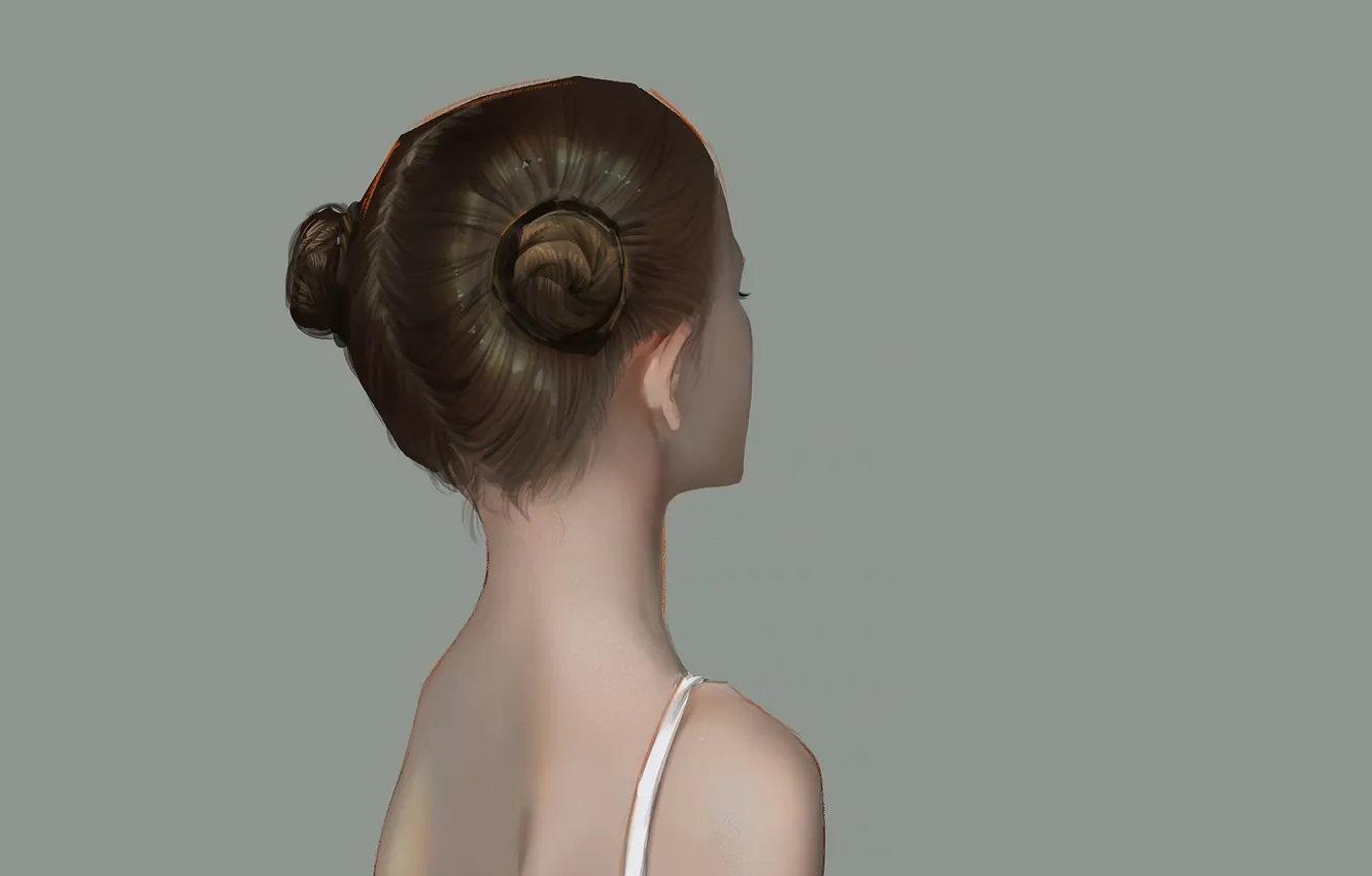 Photo wallpaper grey background, portrait of a girl, from the back, neck shoulders