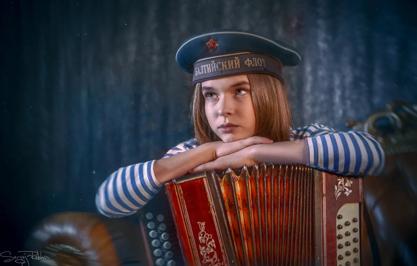 Photo wallpaper sadness, mood, girl, sailor, vest, Bayan, the cap, Sergey Rehob