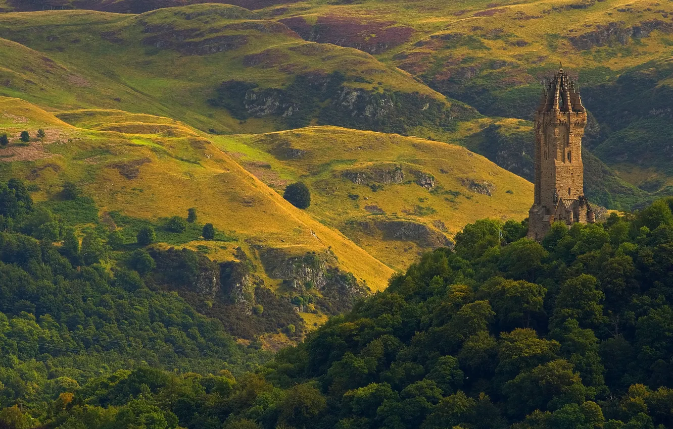 Photo wallpaper trees, mountains, tower, Scotland, Sterling