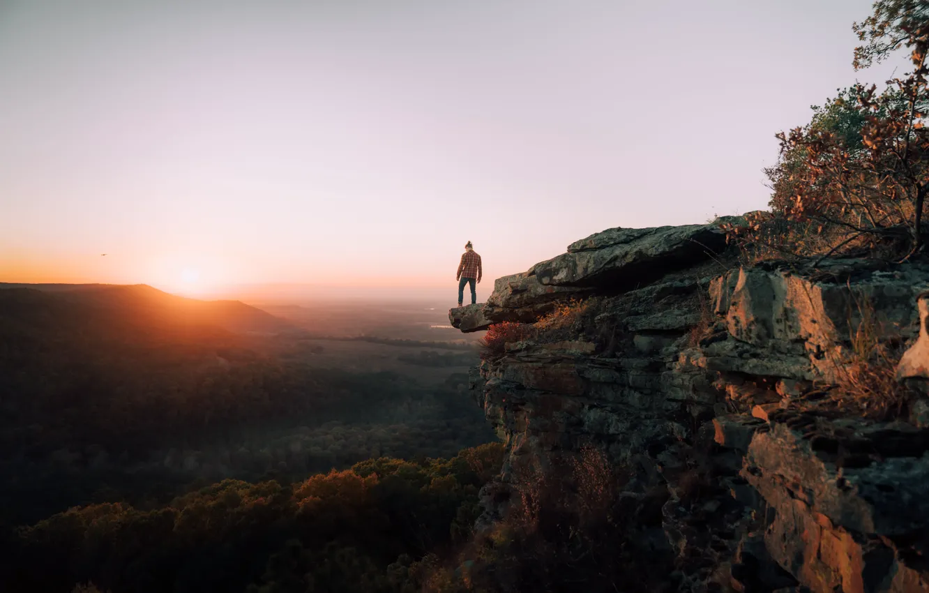 Photo wallpaper sunset, rocks, people, USA, sunset, Arkansas, Arkansas, Pinnacle Mountain State Park