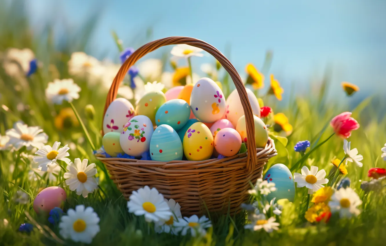 Photo wallpaper flowers, eggs, spring, colorful, Easter, flowers, spring, Easter