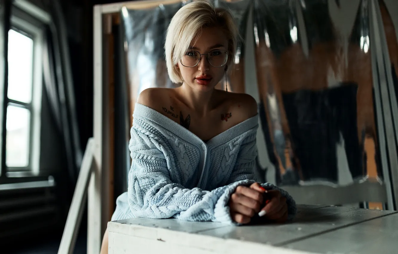 Photo wallpaper look, girl, pose, hands, tattoo, glasses, blonde, jacket