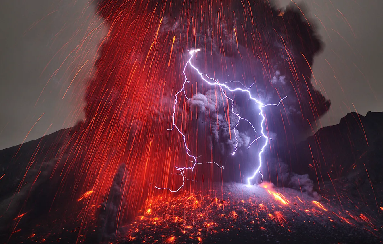 Photo wallpaper the storm, ash, fire, element, lightning, smoke, the volcano, lava