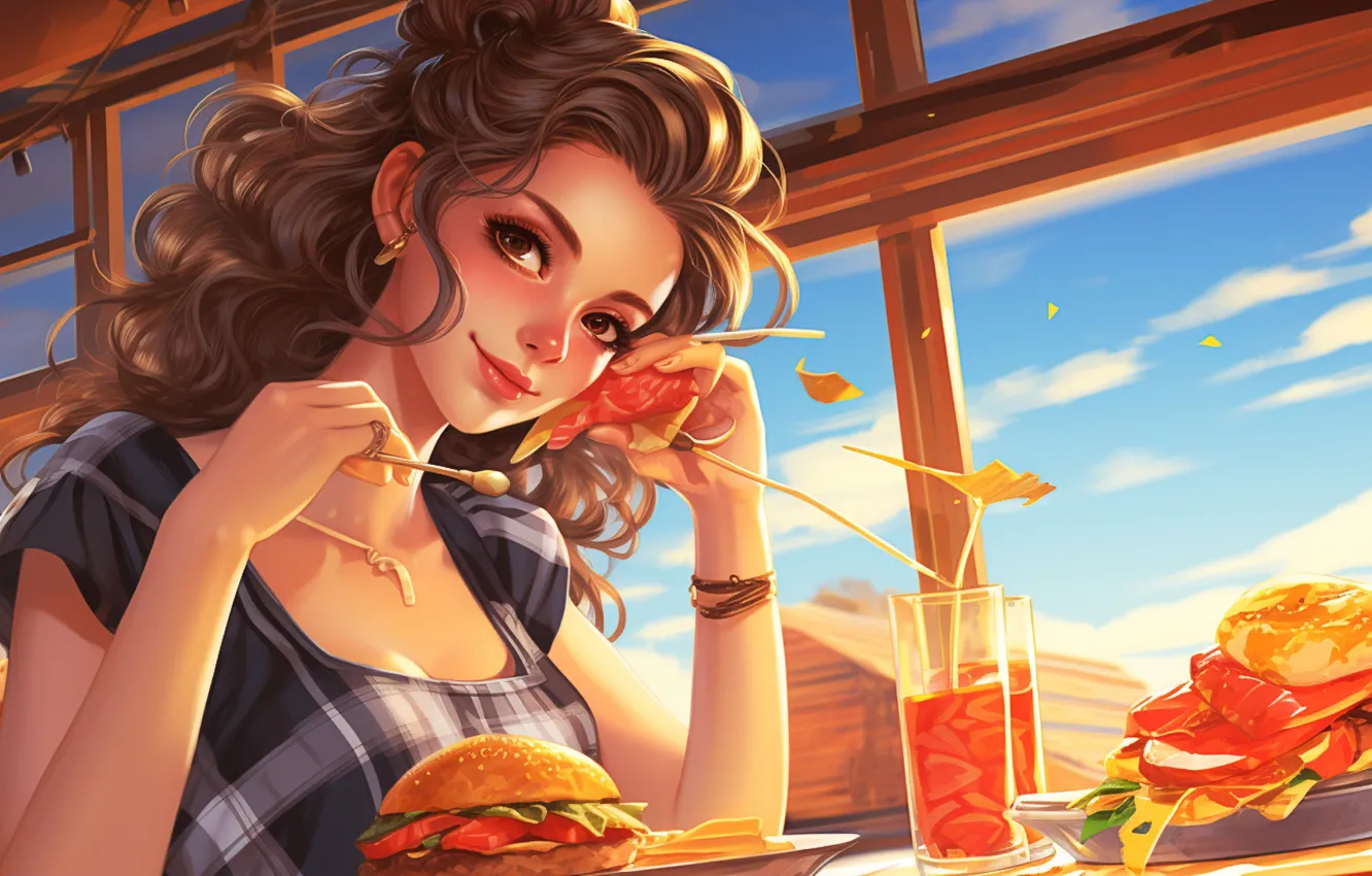 Photo wallpaper sky, food, clouds, women, drink, sitting, earring, wavy hair