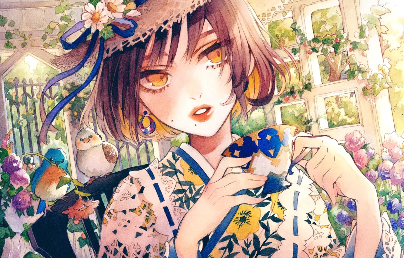 Photo wallpaper girl, flowers, birds, style, Cup, hat, painting, Natsume lemon