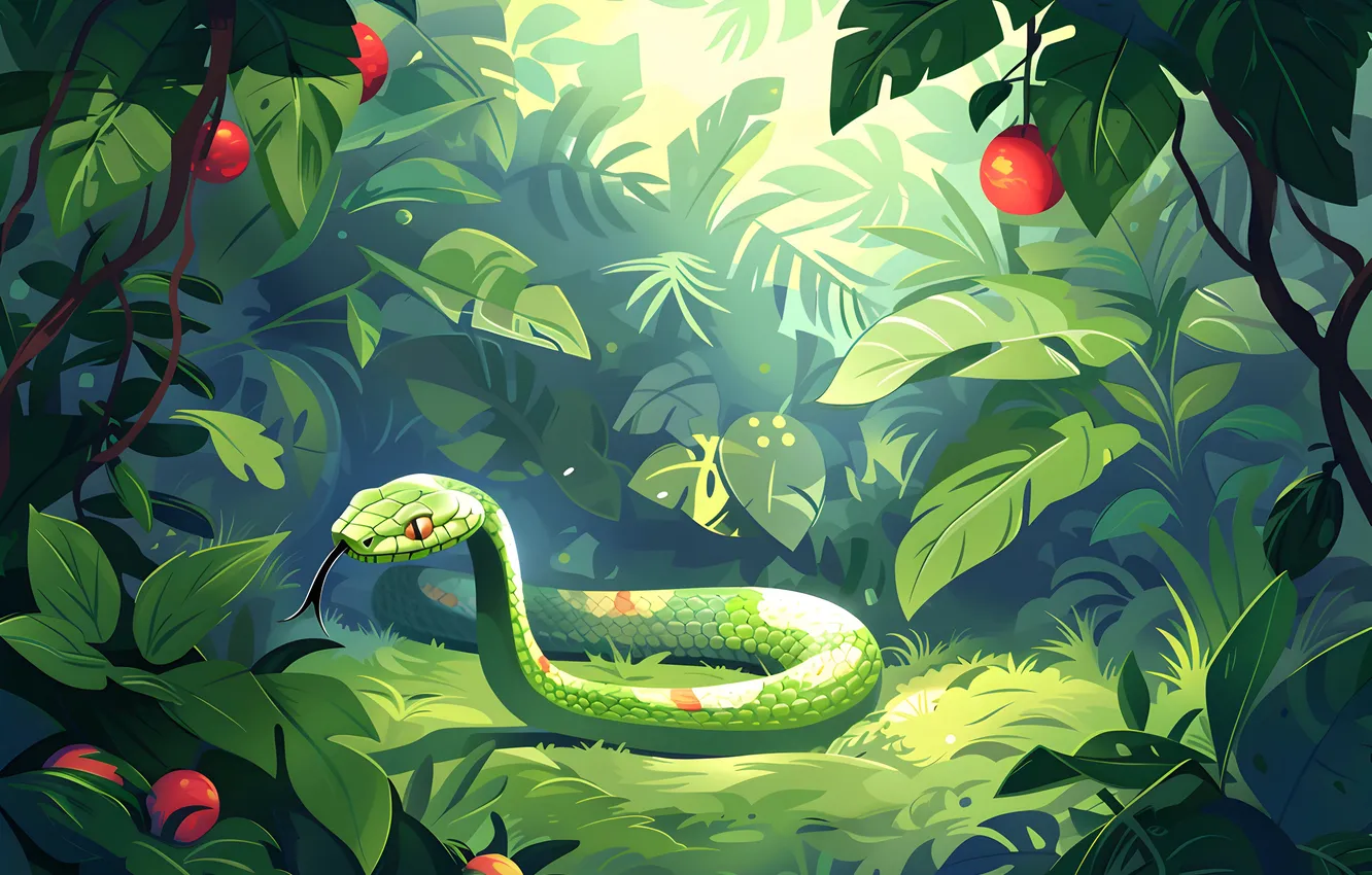 Photo wallpaper Grass, Snake, Forest, Leaves, Art, Reptile, Animal, Digital art
