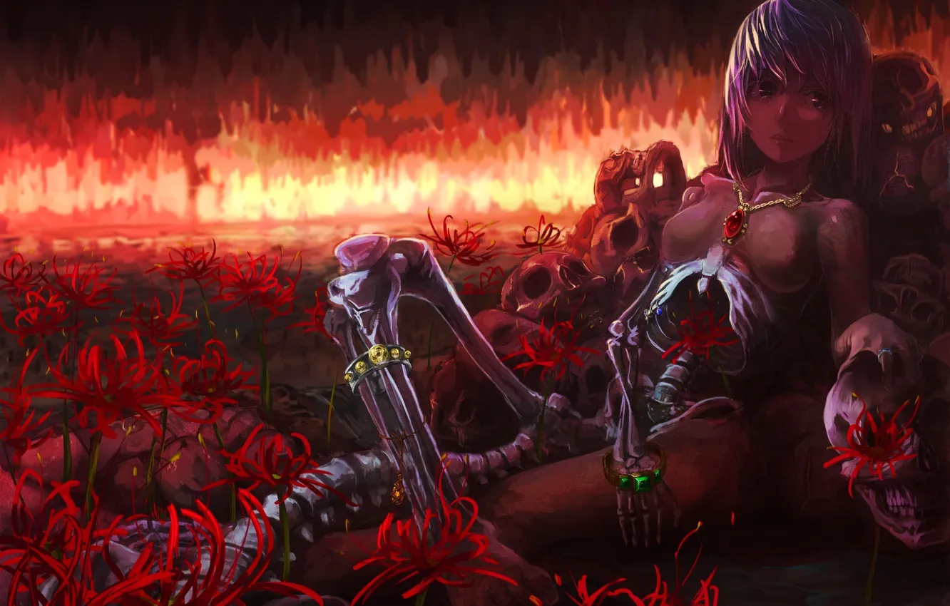 Photo wallpaper girl, decoration, flowers, art, bones, skeleton, pendant