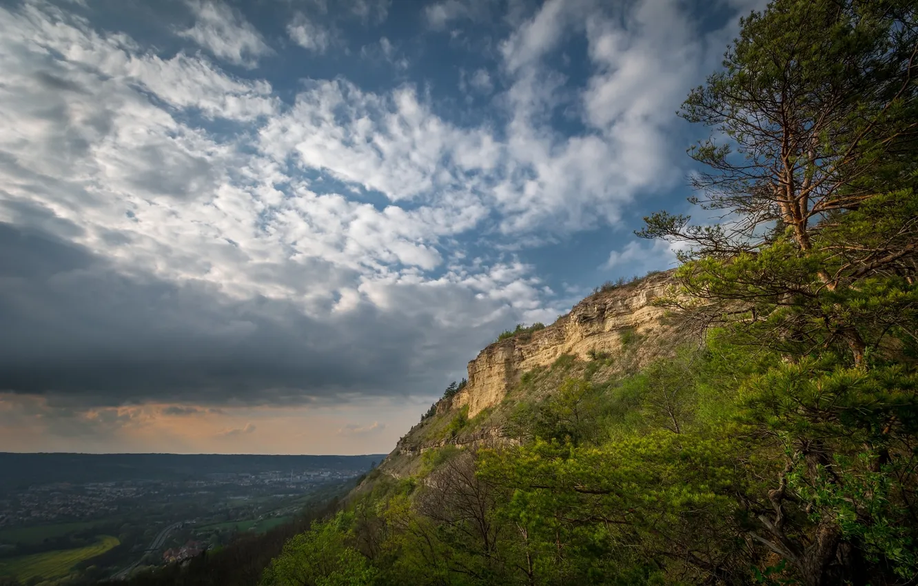 Photo wallpaper clouds, trees, mountains, valley