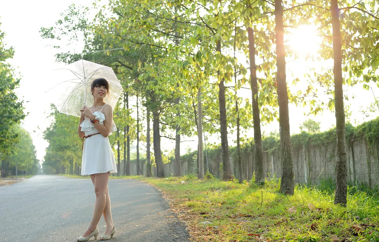 Photo wallpaper road, girl, umbrella, Asian