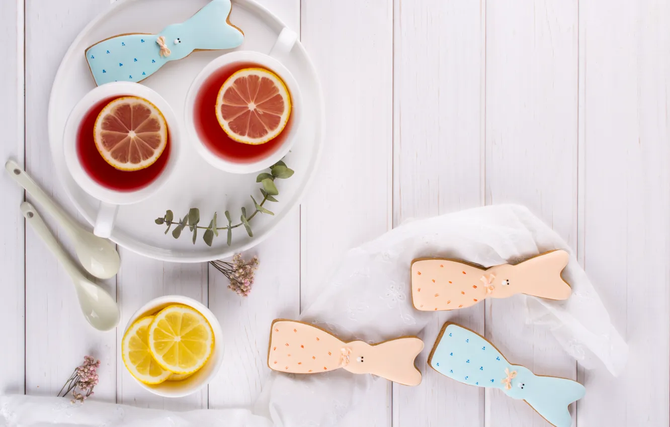 Photo wallpaper lemon, tea, cookies, Irinka Vasilinka