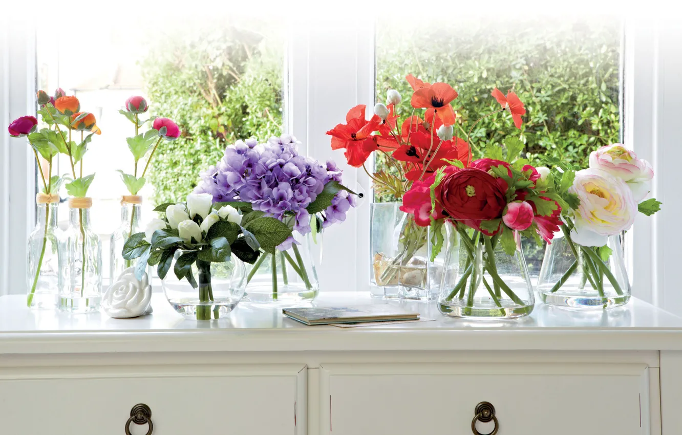 Photo wallpaper flowers, roses, interior, window, buds, peonies, vases, bouquets