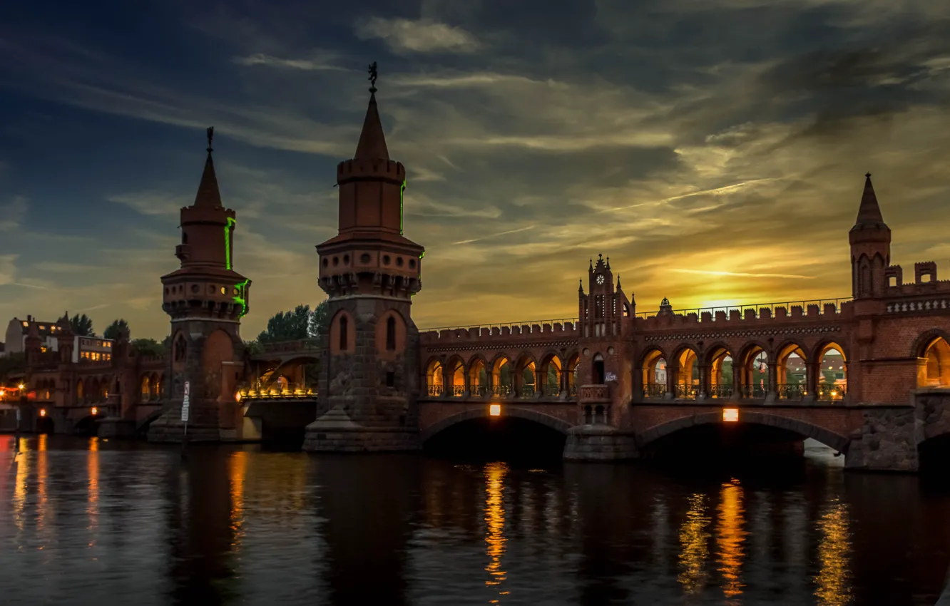 Photo wallpaper bridge, the city, river, tower, the evening, Germany, lighting, Berlin