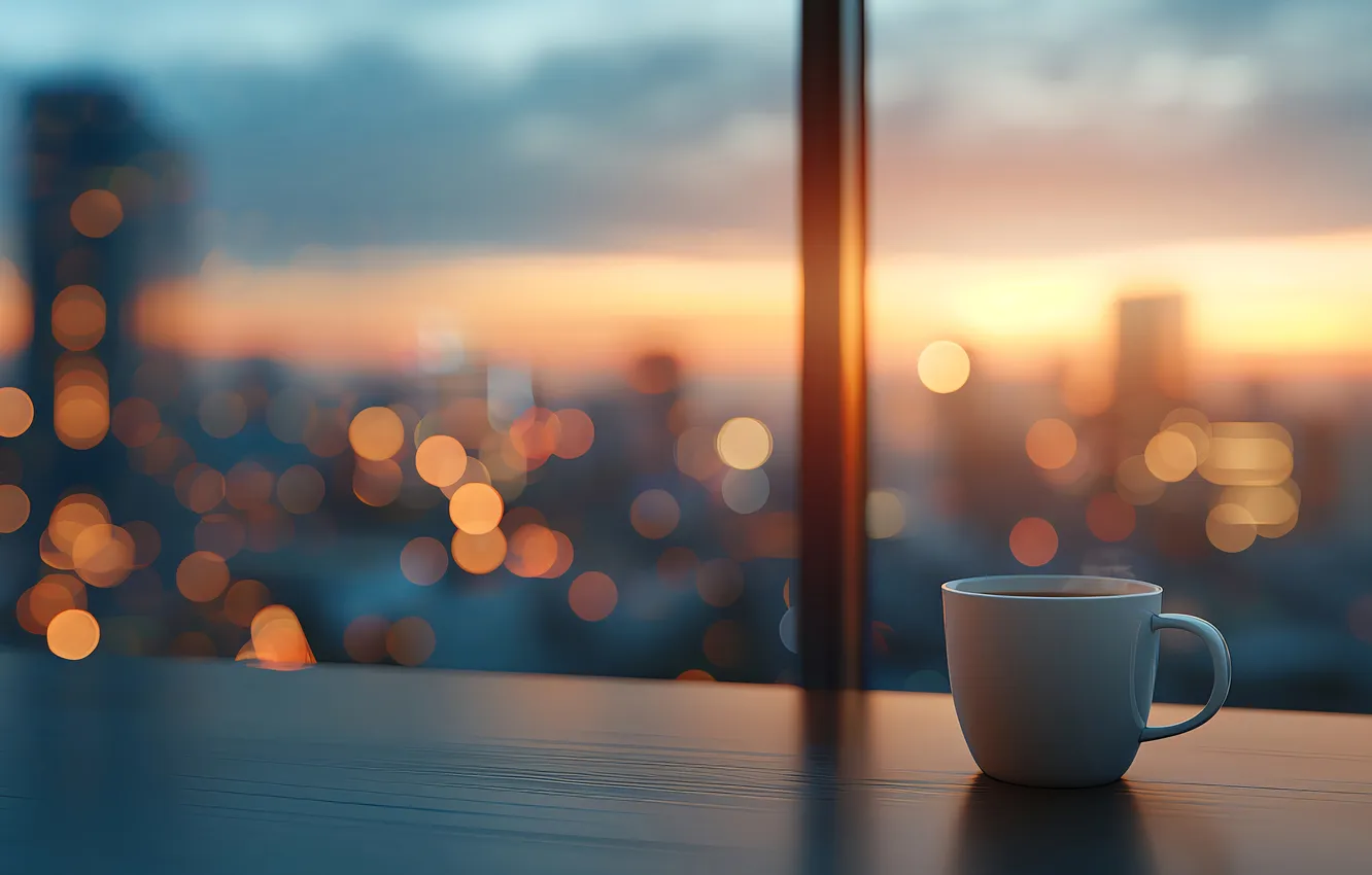 Photo wallpaper glass, the city, lights, frame, coffee, the evening, morning, window