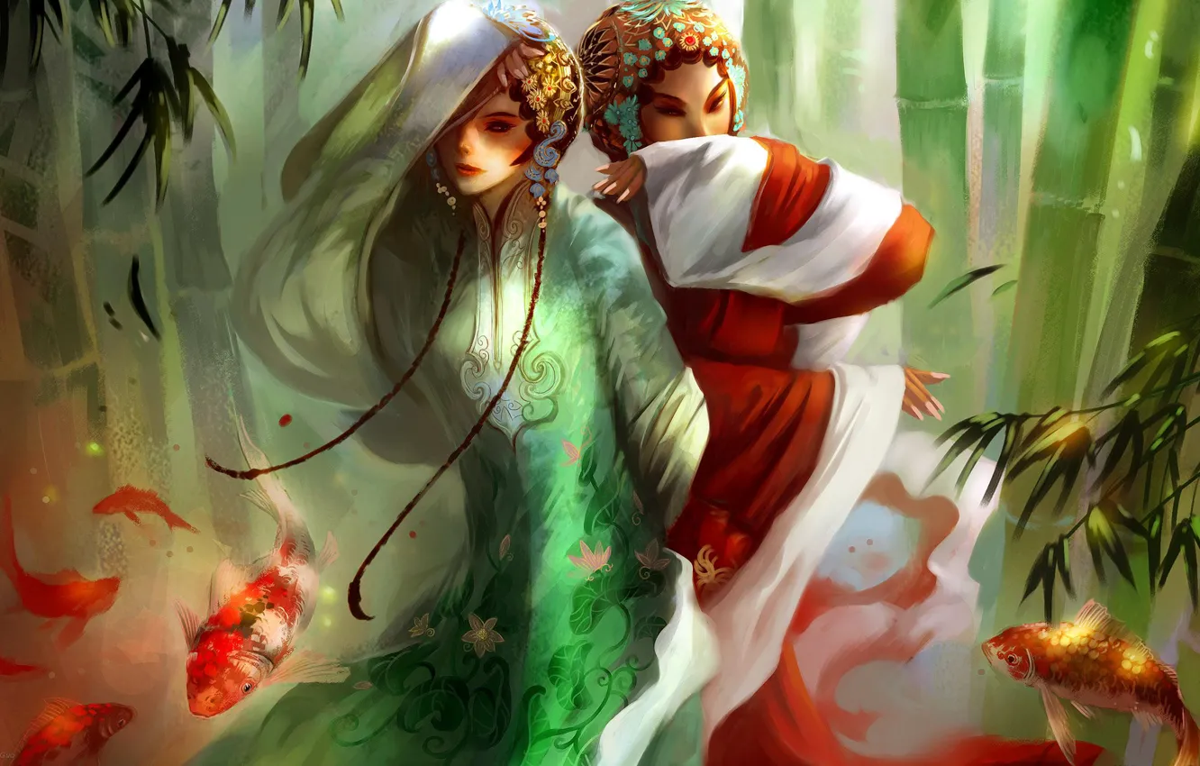 Photo wallpaper girl, China, fish, jian guo