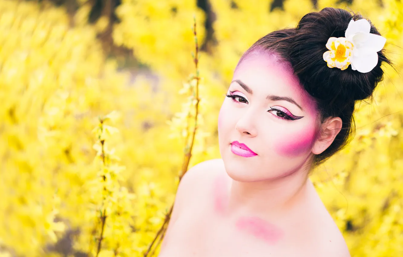 Photo wallpaper flowers, face, background, model, makeup, Levina