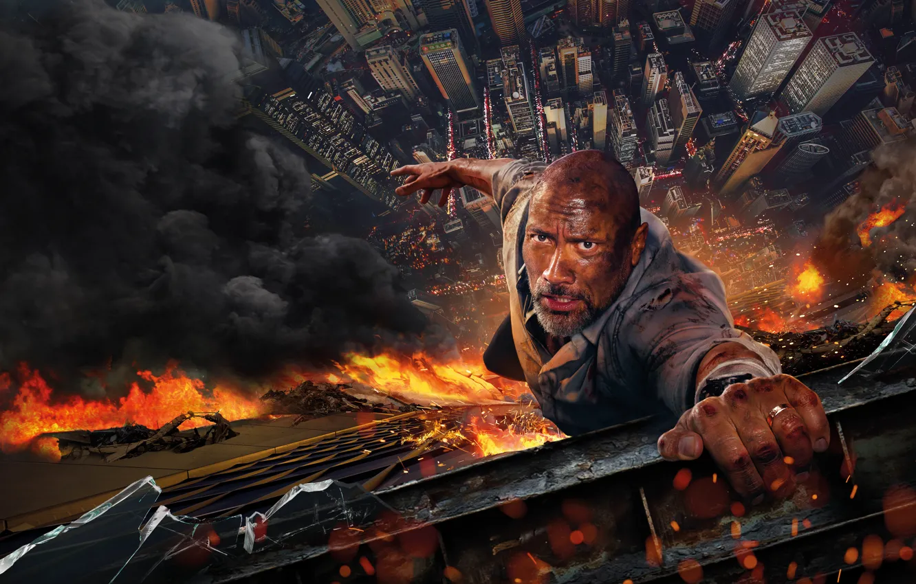 Photo wallpaper look, fire, skyscrapers, action, skyscraper, Dwayne Johnson, Dwayne Johnson, Will Sawyer