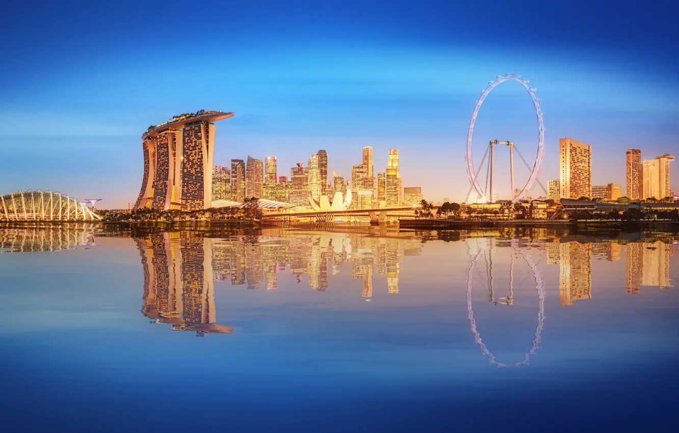 Photo wallpaper sea, landscape, lights, lights, skyscrapers, Singapore, architecture, megapolis