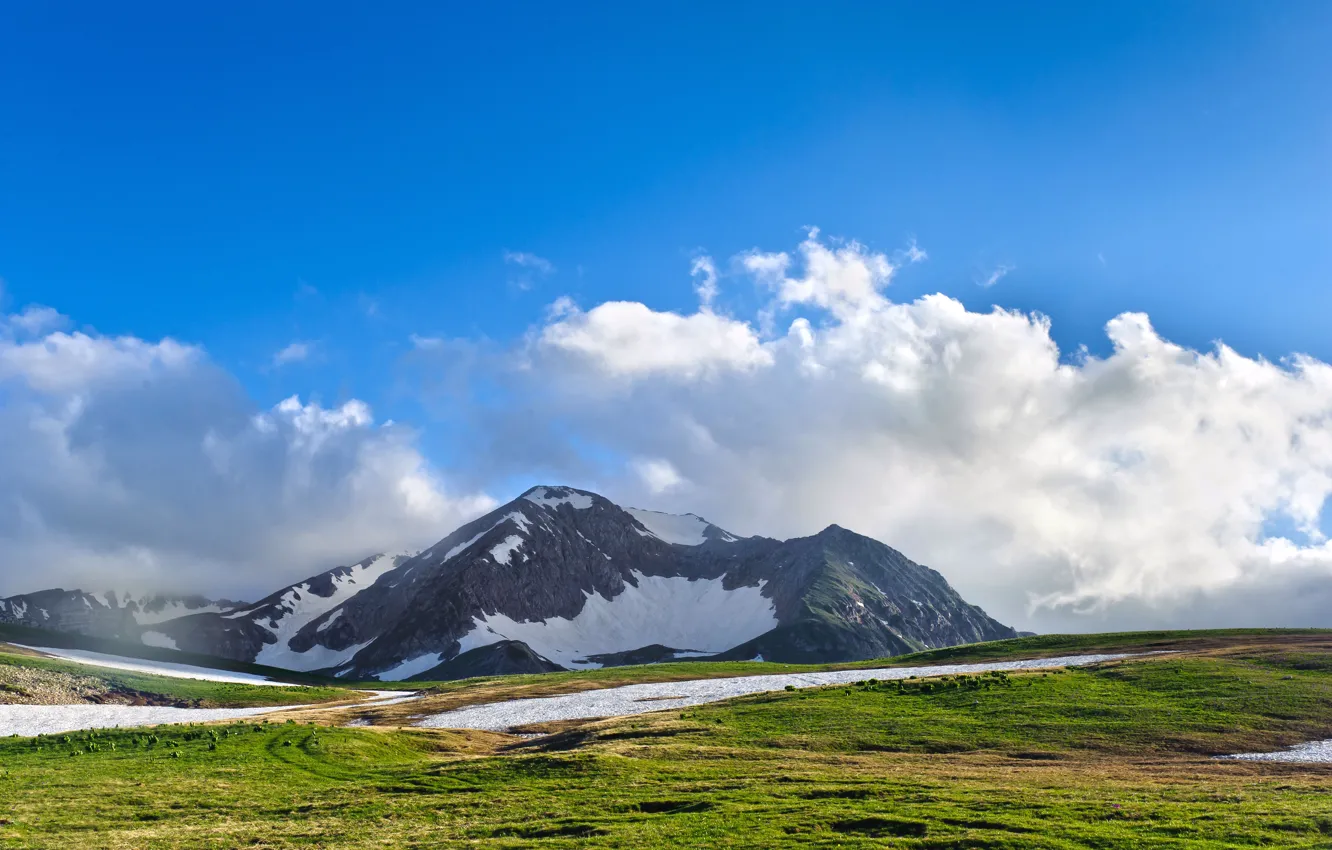 Photo wallpaper the sky, clouds, landscape, mountains, nature, blue, scenery, beautiful higlands
