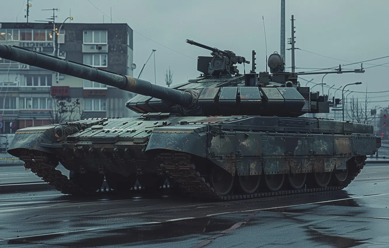 Photo wallpaper road, the city, home, traffic light, tank, digital art, AI art, The Art of Artificial …