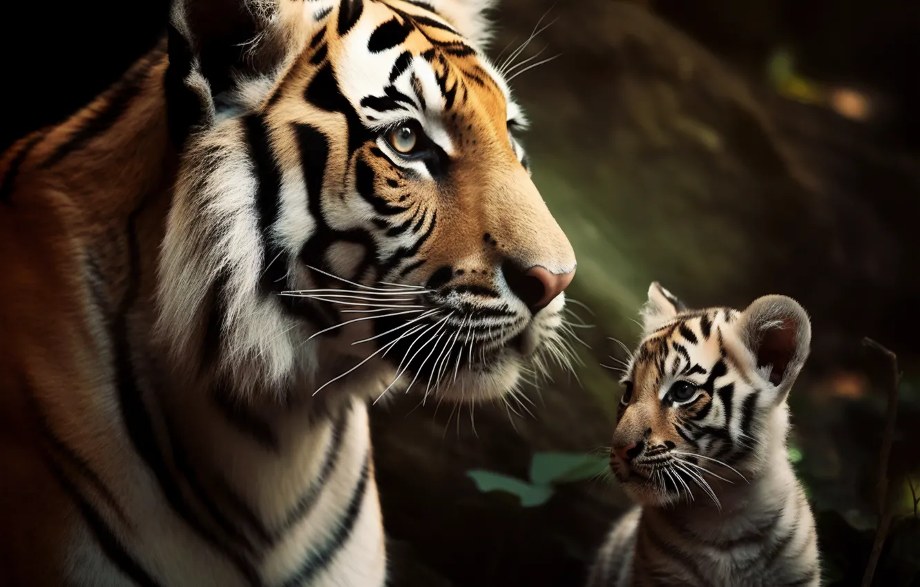 Photo wallpaper tiger, predator, cub, kitty, two, striped, big cats, digital art