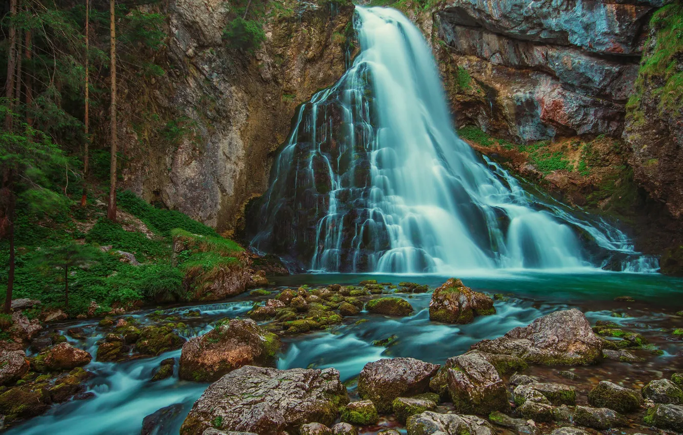 Photo wallpaper rocks, waterfall, stream