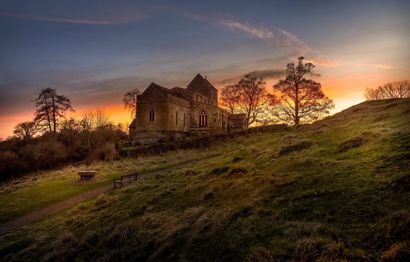 Photo wallpaper sunset, home, bench