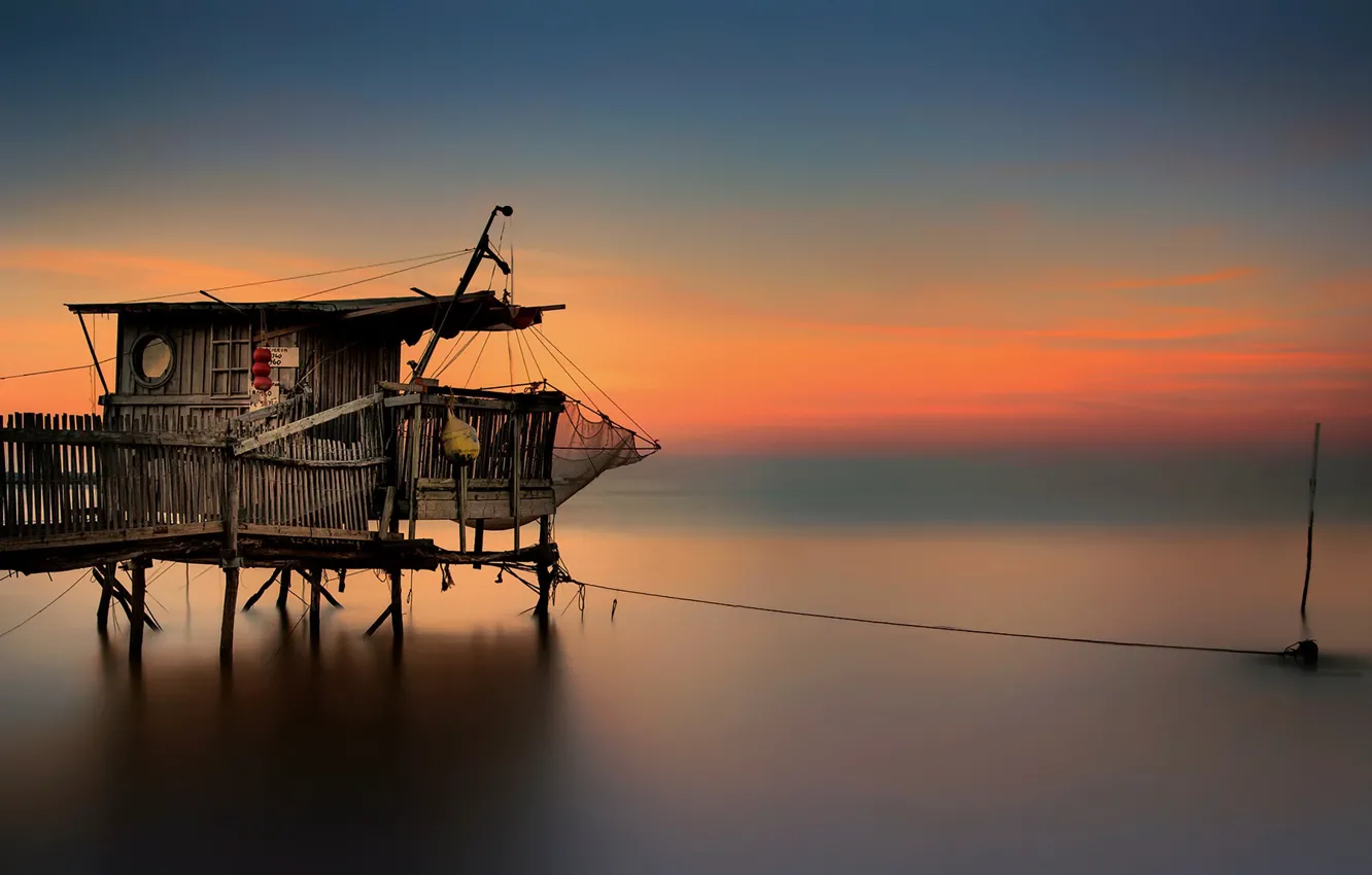 Photo wallpaper sea, sunset, bridge