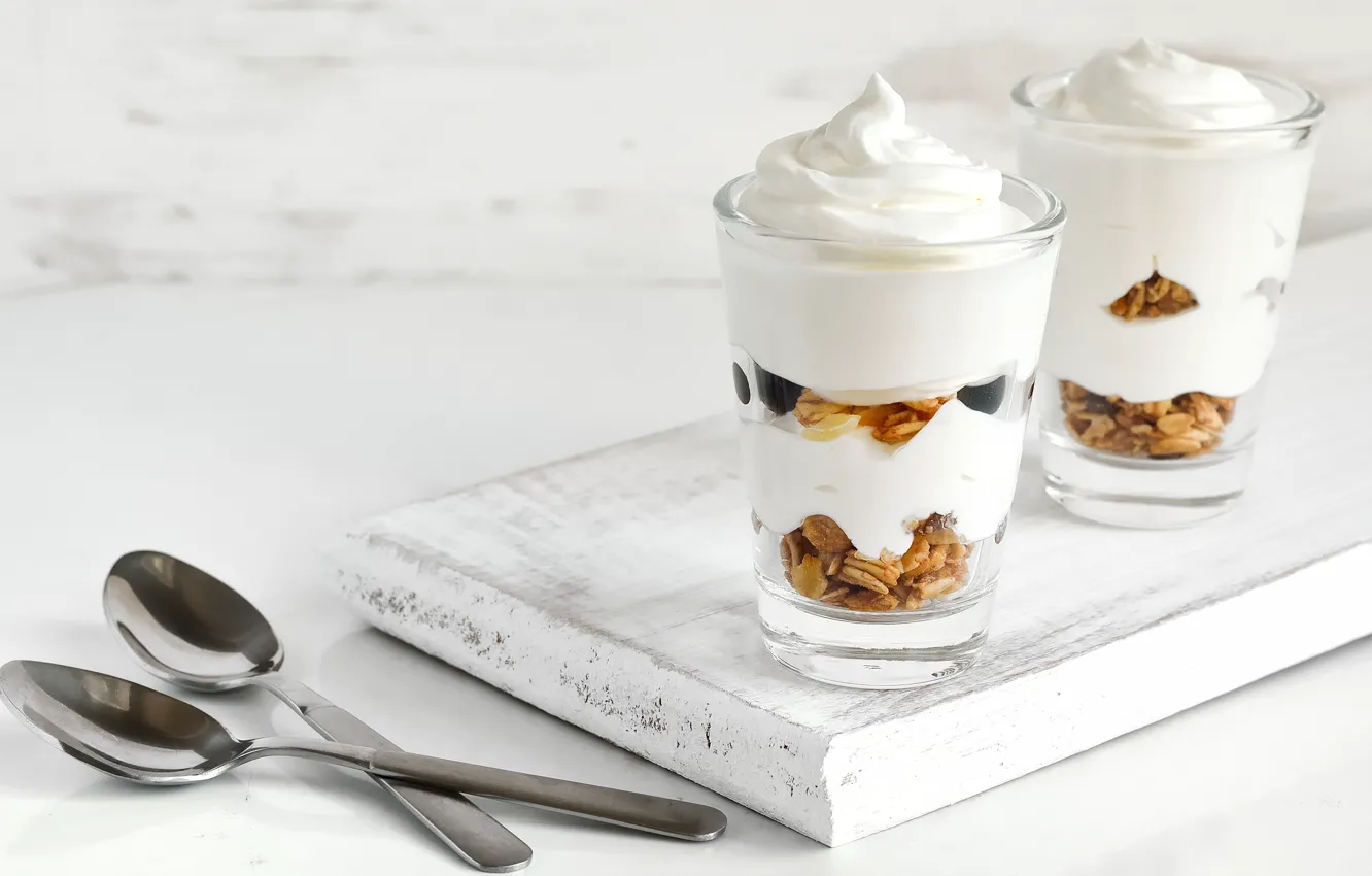 Photo wallpaper glass, berries, Breakfast, cream, muesli, yogurt