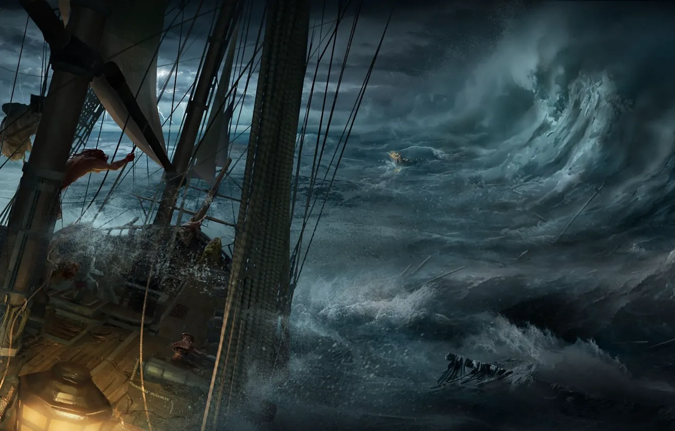 Photo wallpaper sea, wave, the wreckage, storm, boat, ship, art, shipwreck