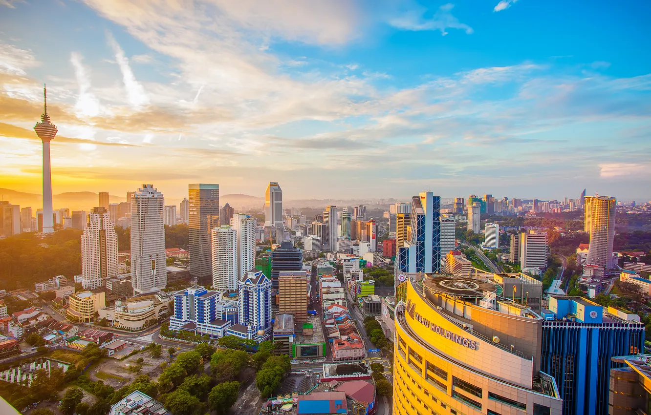 Photo wallpaper the sky, sunset, tower, home, panorama