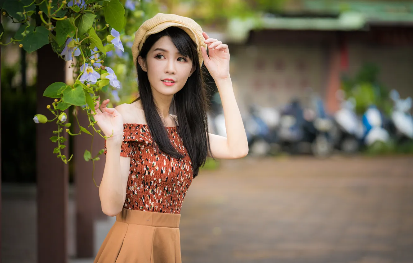Photo wallpaper girl, pose, Asian, cutie, bokeh
