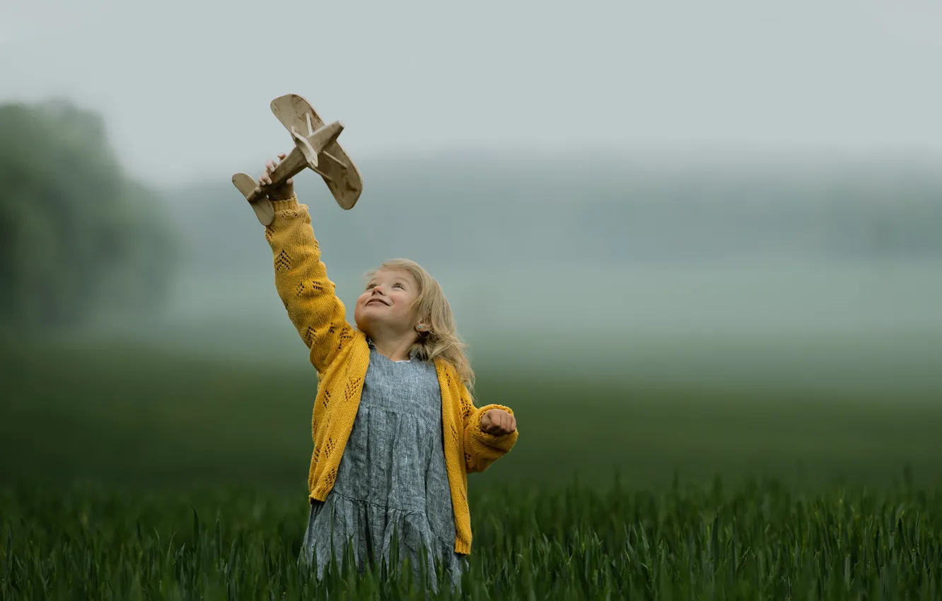 Photo wallpaper field, toy, girl, airplane