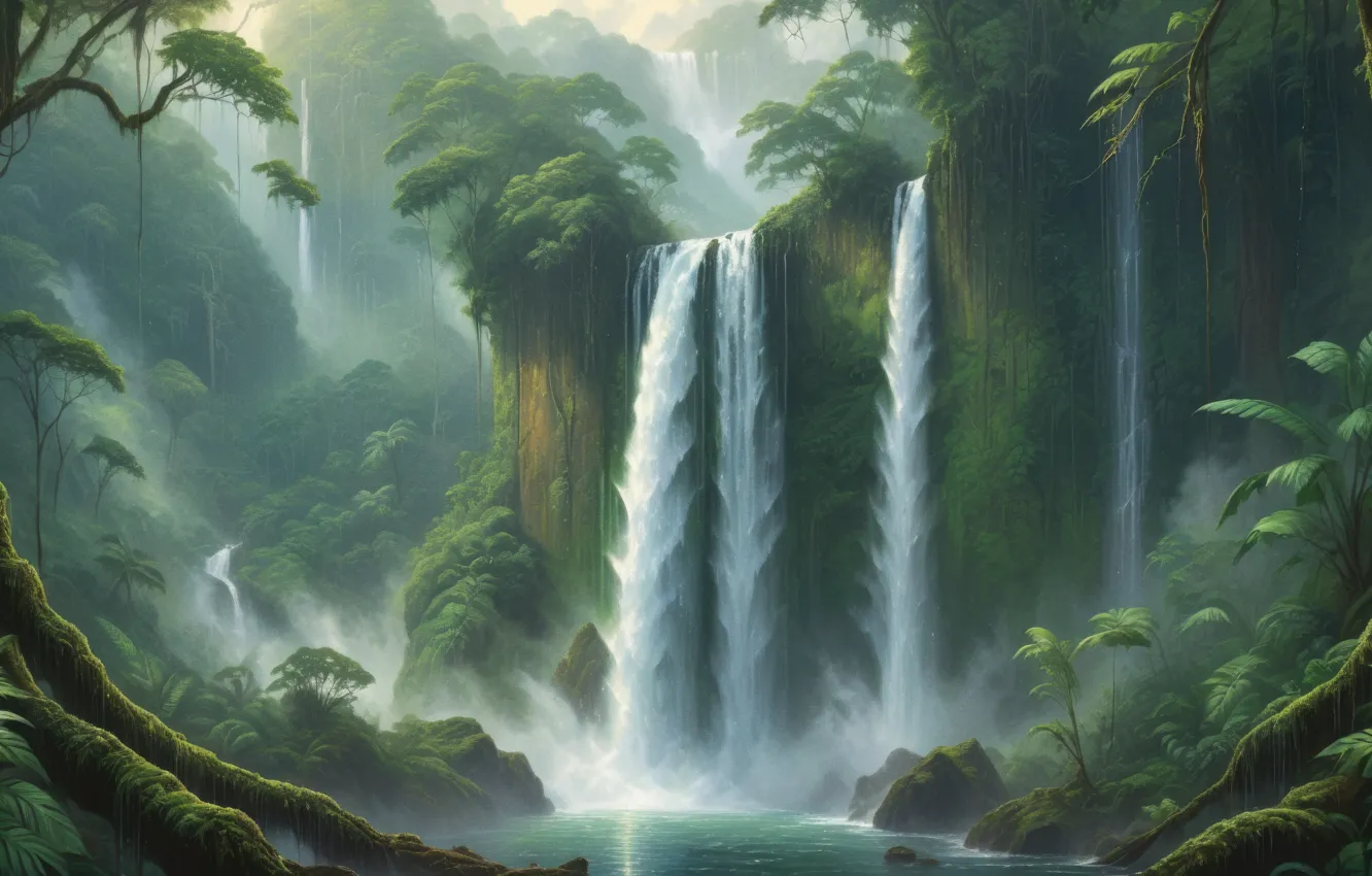 Photo wallpaper water, waterfall, jungle