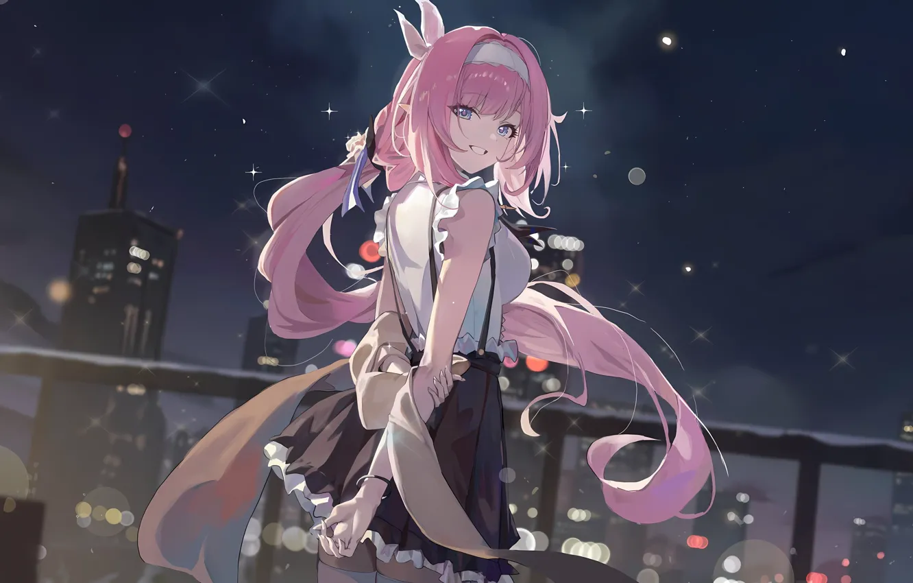 Photo wallpaper night, the city, smile, positive, skyscrapers, anime, the maid, pink hair