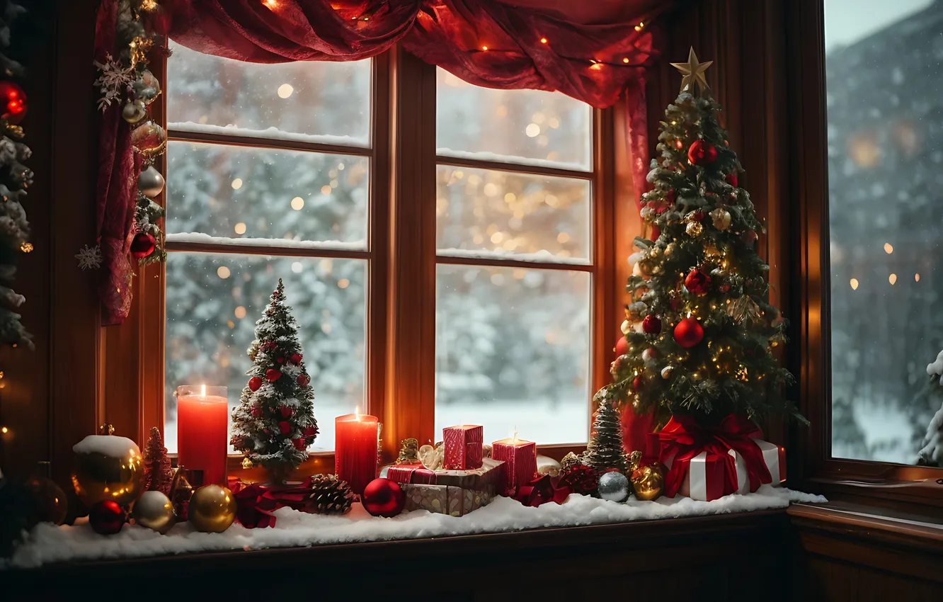 Photo wallpaper tree, new year, interior, window, Christmas, sill, Christmas, view