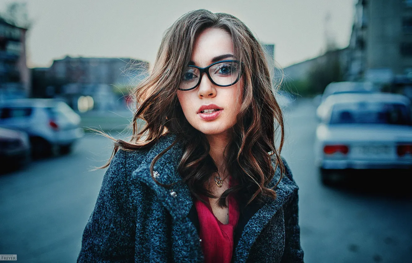Photo wallpaper machine, look, background, model, portrait, makeup, brunette, glasses